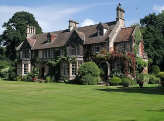 b'An English country house surrounded by a large garden'