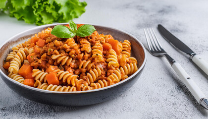 Close-up of vegan Bolognese pasta with lentils, carrots, celery. Tasty Italian food. Delicious meal.