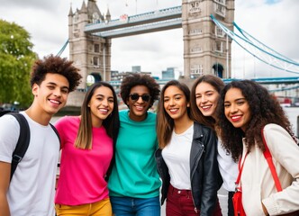 Multiracial group of happy young friends bonding in London city 