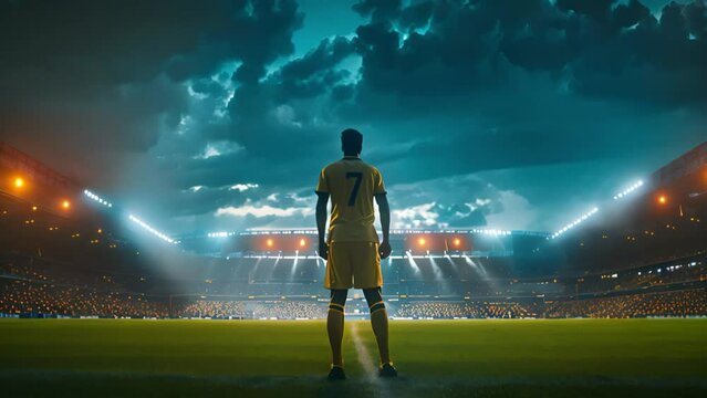 A soccer player in a yellow jersey stands on a field with a soccer ball in front of him