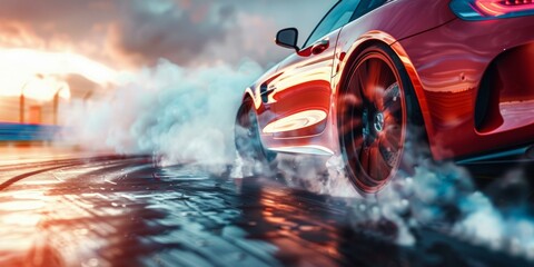 b'Red sports car drifting on a wet track'