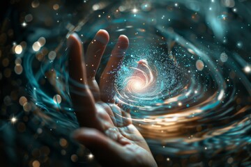 First contact. hand touching spinning vortex of light particles, neuronal network concept