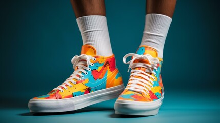 b'A person wearing colorful high-top sneakers'