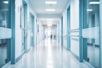 b'Hospital hallway with blue walls and doors'