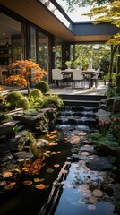 b'A beautiful garden with a waterfall and a pond'