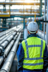 Back view of engineer worker in uniform and hardhat on Pipeline and pipe rack of petroleum industrial plant background. 