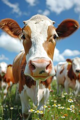 Scenic view of a cow grazing in a green pasture with ample copy space for text, vertical image