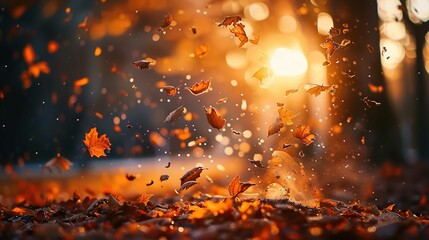 The image captures a magical autumn scene with a multitude of orange and brown leaves being tossed into the air, immersed in a warm golden light that suggests a setting sun. The leaves are in various 
