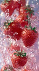 b'Close-up of fresh strawberries with water splash'