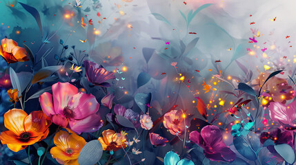Captivating abstract florals with vibrant hues and magic fireflies. Watercolor 3D illustration, texture.