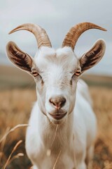 Fototapeta premium Cheerful goat grazing happily on the farm, vertical image with ample space for text
