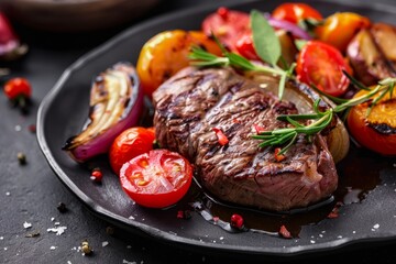 Juicy grilled fillet steak with roasted tomatoes and vegetables, delicious gourmet dish
