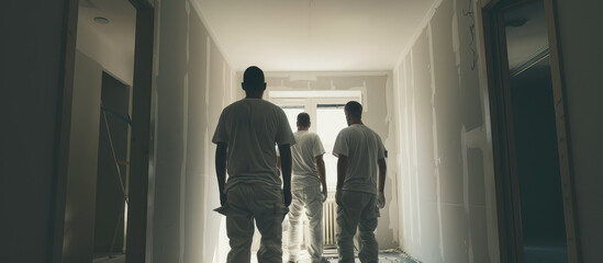 Rear view of professional interior renovation crew worker in home apartment background. Banner for company  renovation of new buildings and secondary housing.