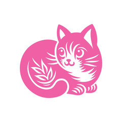 Pink adn White Illustration of Cute Cat