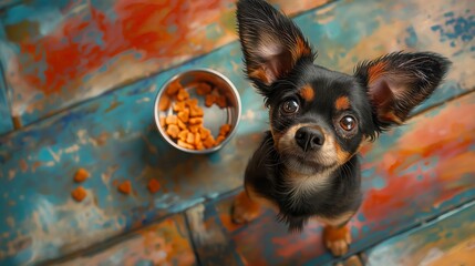 Small dog with large ears sitting by a bowl of food. High-angle pet portrait with a vibrant rustic background.