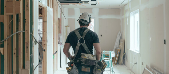 Rear view of professional interior renovation worker in home apartment background. Banner for company  renovation of new buildings and secondary housing.