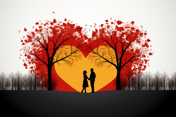 Silhouette of a couple walking under autumn trees with heart-shaped leaves against a sunset