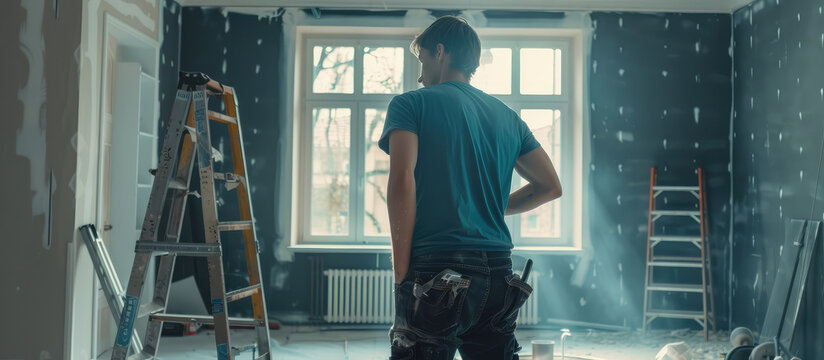 Rear view of professional interior renovation worker in home apartment background. Banner for company  renovation of new buildings and secondary housing.