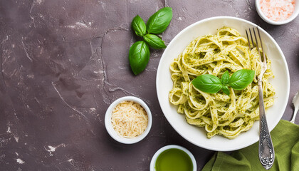 Close-up of vegan carbonara pasta with pesto sauce and basil. Tasty Italian dish. Delicious meal.