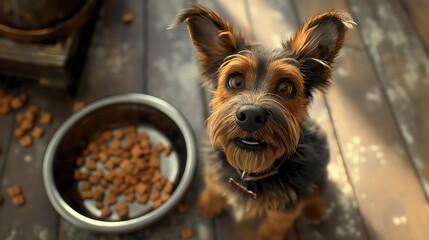 Yorkshire Terrier with big eyes and collar looking up beside bowl of dog food on wooden floor. 3D digital illustration with focus on dog's face. Pet care and domestic animal concept.