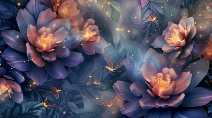 Luxurious contemporary floral wallpaper with enchanting fireflies. Watercolor 3D illustration,...