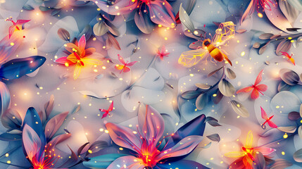 Modern floral patterns with whimsical fireflies. Watercolor 3D illustration, texture.