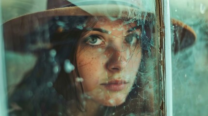 A young woman with contemplative eyes is seen through a textured glass pane covered with raindrops and cobweb-like patterns. The tones of the image are moody and cool, emphasizing her piercing gaze. S