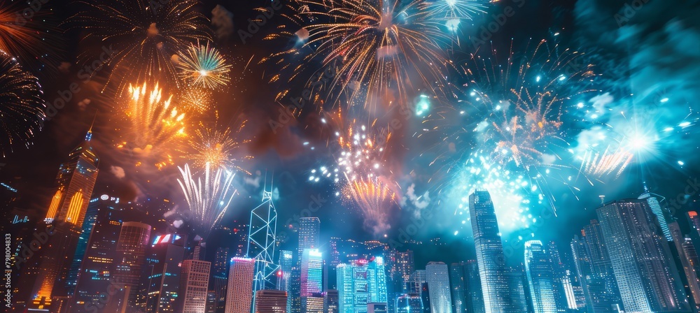 Poster a city skyline is lit up with fireworks, creating a festive and lively atmosphere. the fireworks are