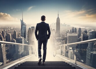 Rear View Of A Businessman Climbing Stairs To Get To A Large City Center Concept 