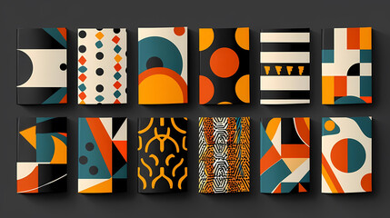 abstract geometric patterned book covers displayed on a black wall, accompanied by an orange circle