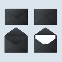 Set of black vector envelopes in different views, isolated on gray background.
