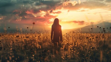 A woman is standing in a field at sunset. Her back is to the camera, and she is facing a dramatic sky filled with clouds that are lit by the golden hues of the sun. The field appears to be full of tal