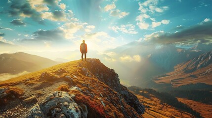 A person stands on the edge of a rocky mountain peak, gazing out over a vast landscape. The view includes rolling hills, rugged mountain ranges partially covered in snow, and a valley with what appear - Powered by Adobe