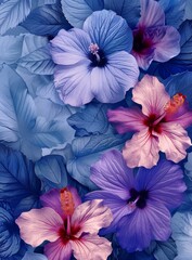 b'Purple and blue hibiscus flowers with detailed petals and veins'