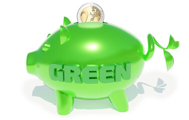 Porcellino green, concetto di ambiente e risparmio, illustrazione 3d 