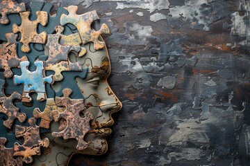 Human head profile with jigsaw puzzle pieces, cognition psychology or psychotherapy concept