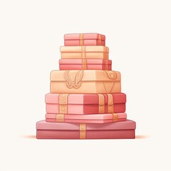 Clipart of a stack of pink and gold gift boxes, each with a heart and nestled in a soft bokeh ambiance, delightful watercolor shades, focusing on a luxurious and romantic theme