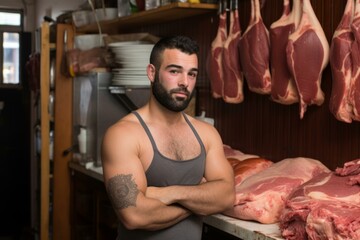 b'Portrait of a male butcher standing with arms crossed in front of meat display'