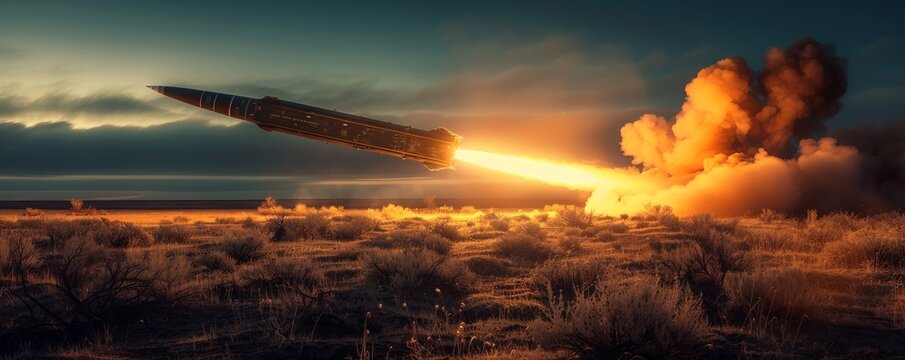 Dramatic rocket launch at sunset in a desert landscape, smoke and fire trailing