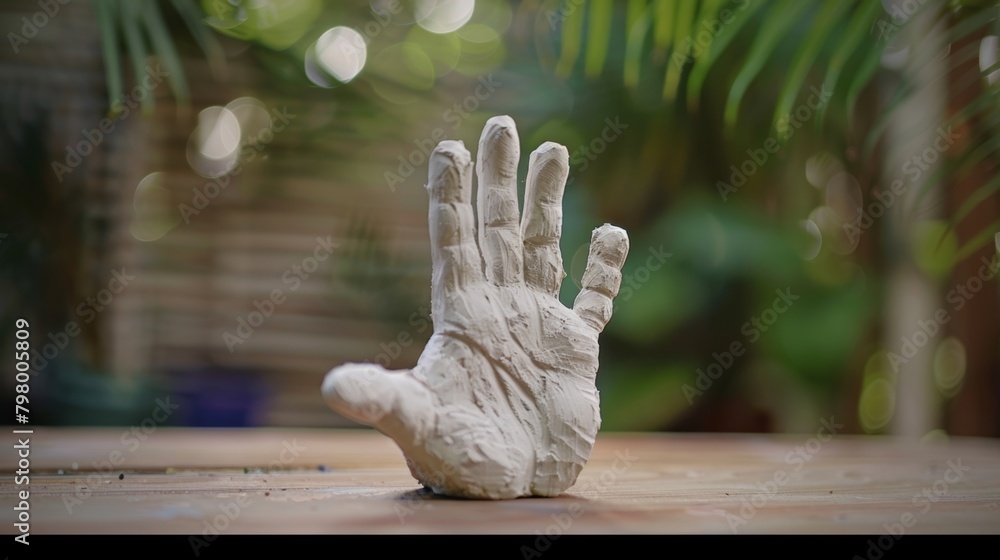 Poster A molded clay handprint created using a homemade moldmaking tool made from a plastic container and molding material..