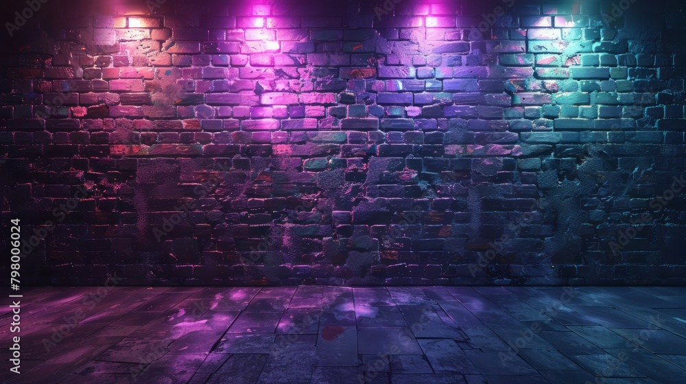 Poster a brick wall with neon lights shining on it. the wall is empty and the lights are bright and colorfu