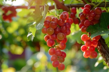 Clusters of ripe red grapes hanging on vines in a lush vineyard, ready for harvest