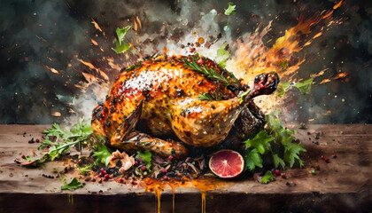 Abstract Delicious Roast Turkey with Crispy Golden Brown skin on digital art concept, Generative AI.