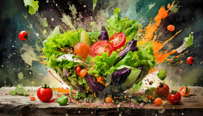 Abstract exploding photon Salad with Lettuce, Tomato, and Raw Vegetables on digital art concept.