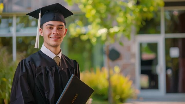 Smiling young male graduate holding diploma in front of university. Portrait of student in cap and gown with pride