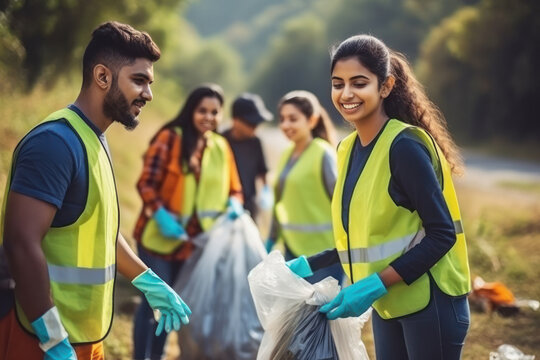 volunteers group collecting garbage. save earth concept.