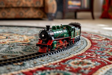 Red and green toy steam locomotive running on round track, model train circulating on carpeted floor