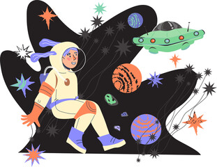 Child goes on an exciting space adventure, where he can imagine himself as an astronaut traveling through the galaxy. Exploration and fun activities on space theme.