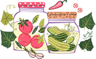 Pickling vegetables and food fermentation concept. Pickled vegetables in jars for harvest saving and food preserving techniques, canned food labels design element.