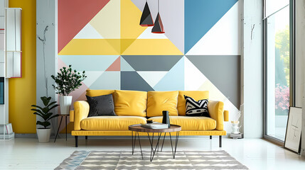 abstract geometric patterned wall decals adorn a living room adorned with a yellow couch, black and